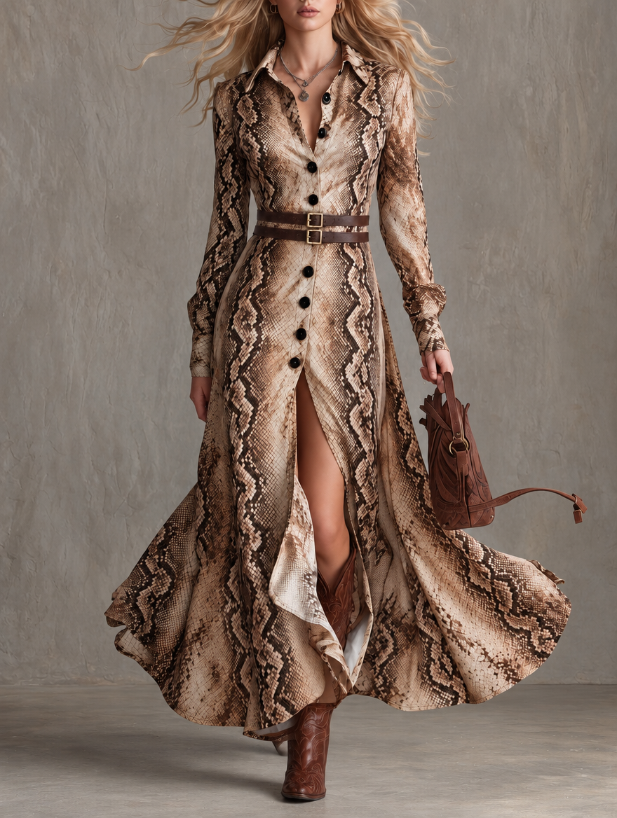 Amparo | Vestido largo vintage marrón con estampado de piel de serpiente, doble tira y abertura