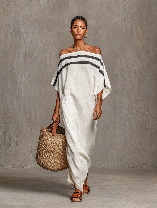 Irina - Vestido largo minimalista de mezcla de lino con hombros descubiertos y manga murciélago