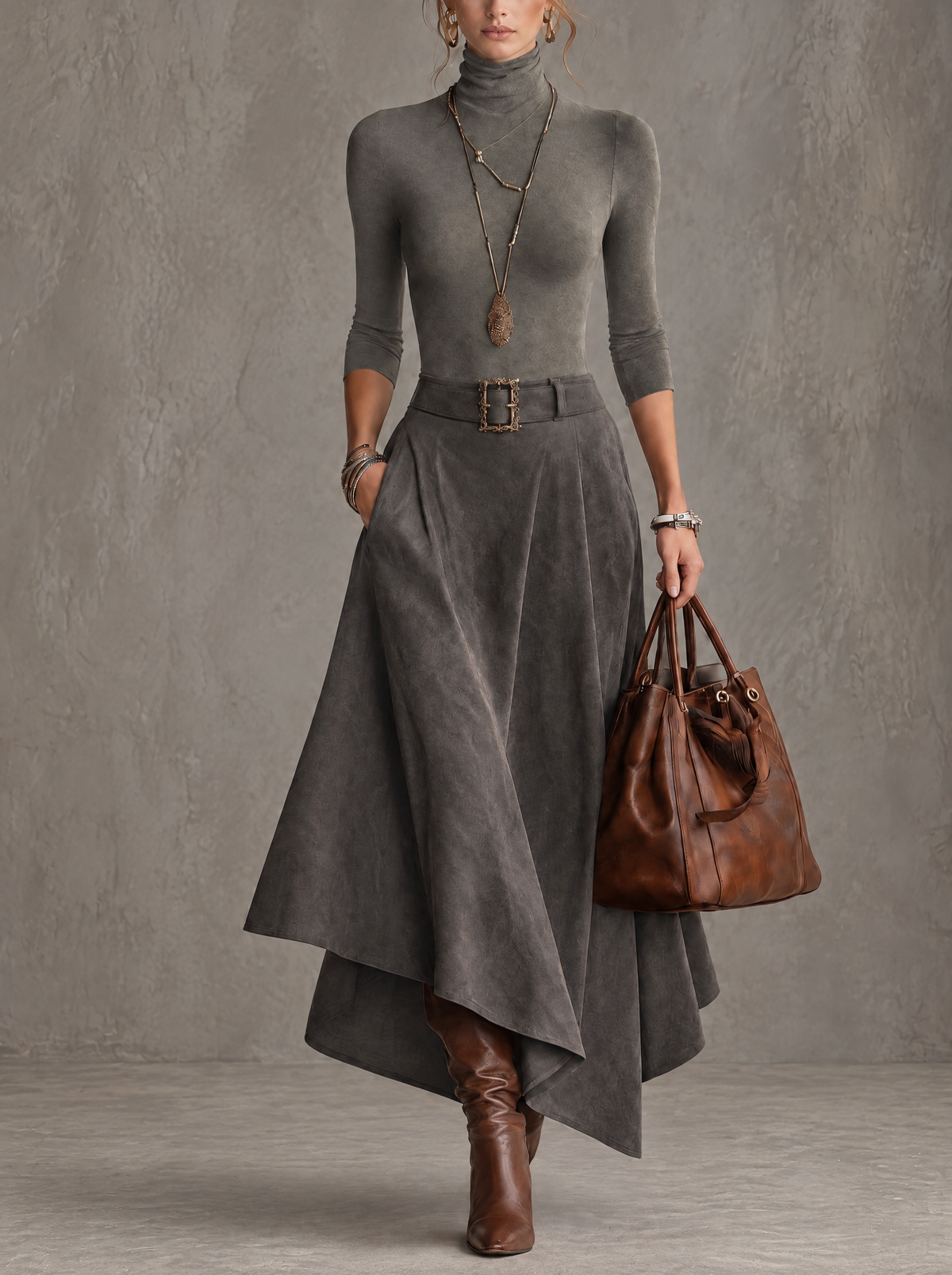 Carmen - Conjunto de top de cuello alto gris y falda midi asimétrica de ante sintético (con cinturón)