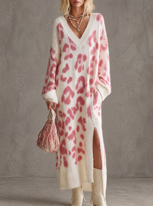 Elena | Vestido largo de punto boho chic con estampado de leopardo rosa y cuello de pico
