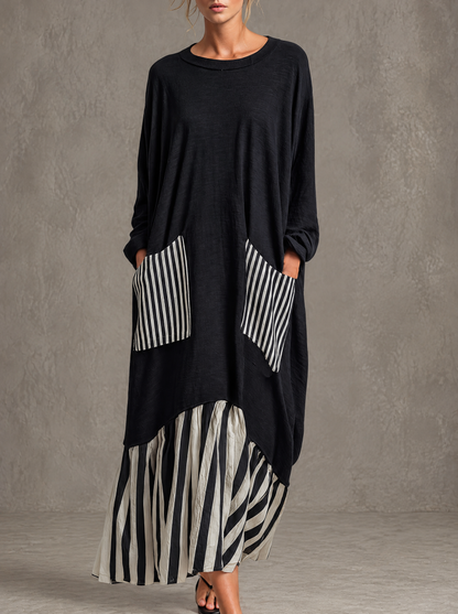 Alba | Vestido largo oversize de algodón negro con rayas estilo patchwork