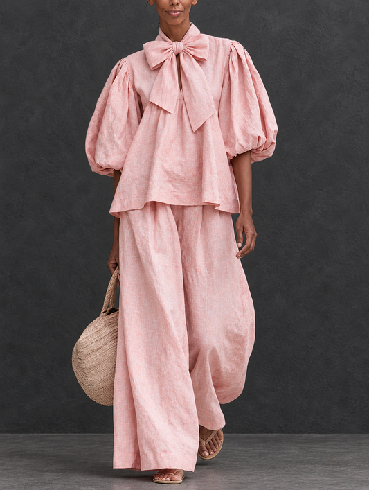 Leonor - Conjunto de top de manga abullonada con lazo y pantalón de pierna ancha en rosa empolvado (mezcla de lino)