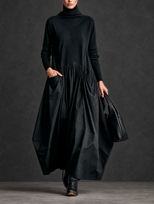 Ana | Vestido Maxi Oversize Negro con Cuello Alto y Detalle de Bolsillos