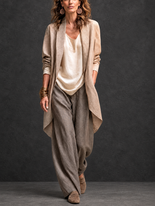 Costanza | Conjunto Elegante de Tres Piezas en Beige y Gris con Pantalón Palazzo en Capas