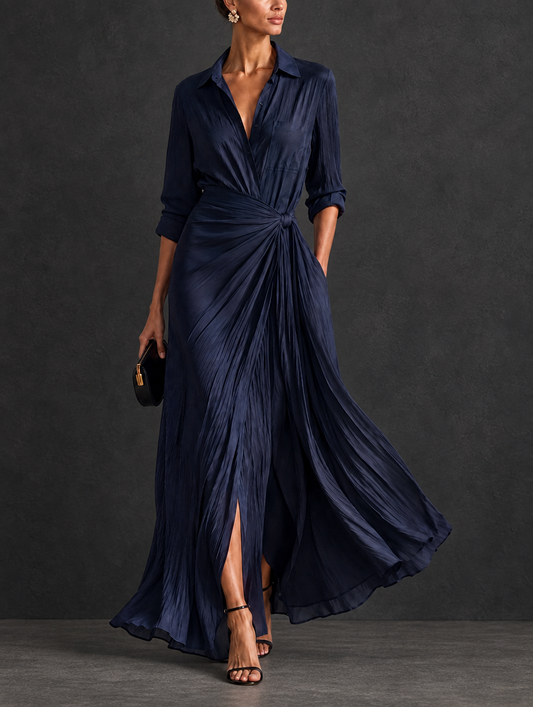 Gabriella | Vestido Camisero Maxi Azul Marino Anudado de Estilo Elegante