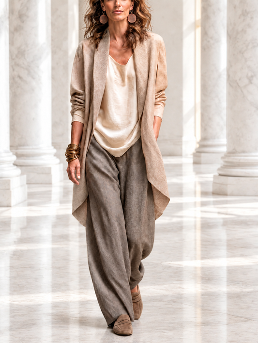 Costanza | Conjunto Elegante de Tres Piezas en Beige y Gris con Pantalón Palazzo en Capas