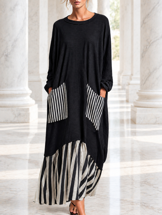 Alba | Vestido largo oversize de algodón negro con rayas estilo patchwork