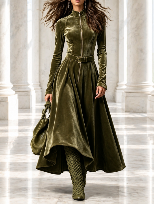Vega | Vestido largo de terciopelo verde oliva con cremallera frontal estilo vintage (cinturón incluido)