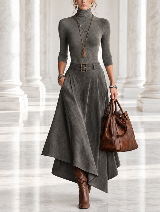 Carmen | Conjunto de top de cuello alto gris y falda midi asimétrica de ante sintético (con cinturón)