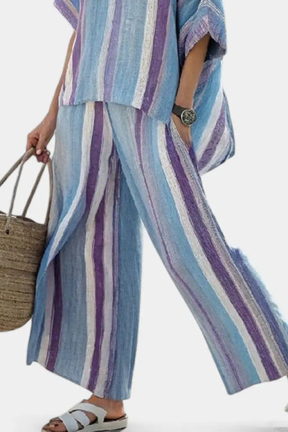 Ginevra | Conjunto de Top Malva y Pantalón de Lino a Rayas