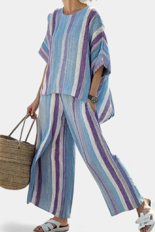 Ginevra | Conjunto de Top Malva y Pantalón de Lino a Rayas