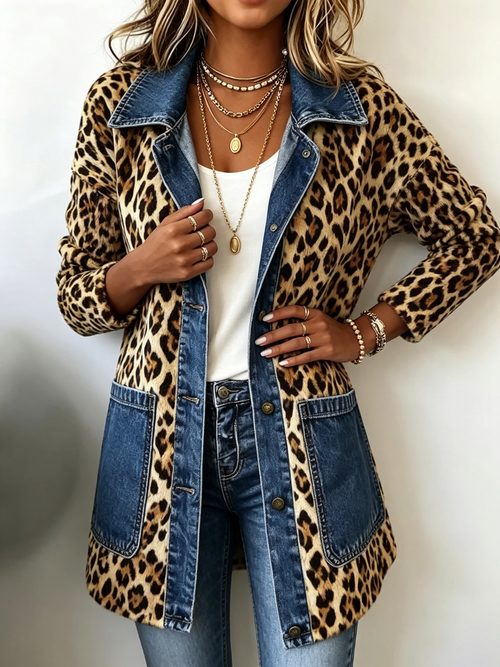 Chaqueta Larga de Leopardo con Detalles Vaqueros