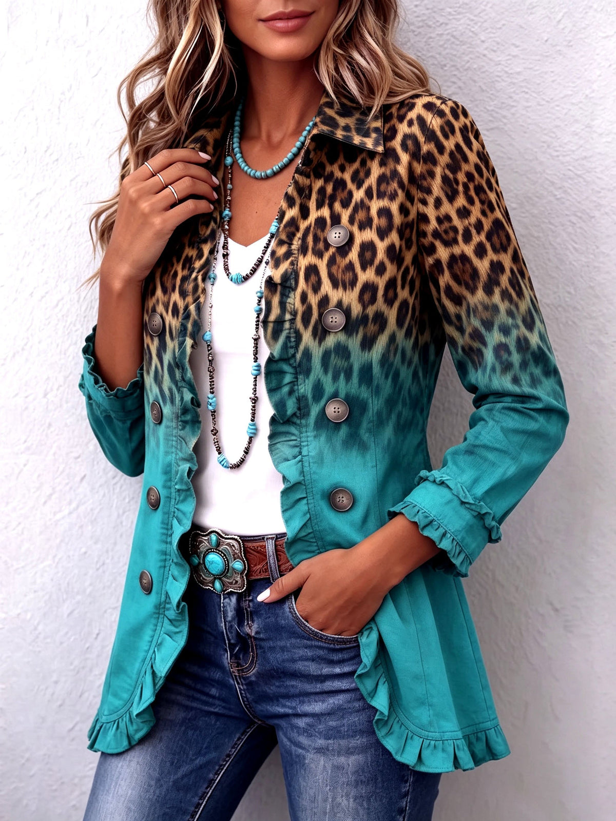 Chaqueta Blazer de Leopardo Degradado con Volantes