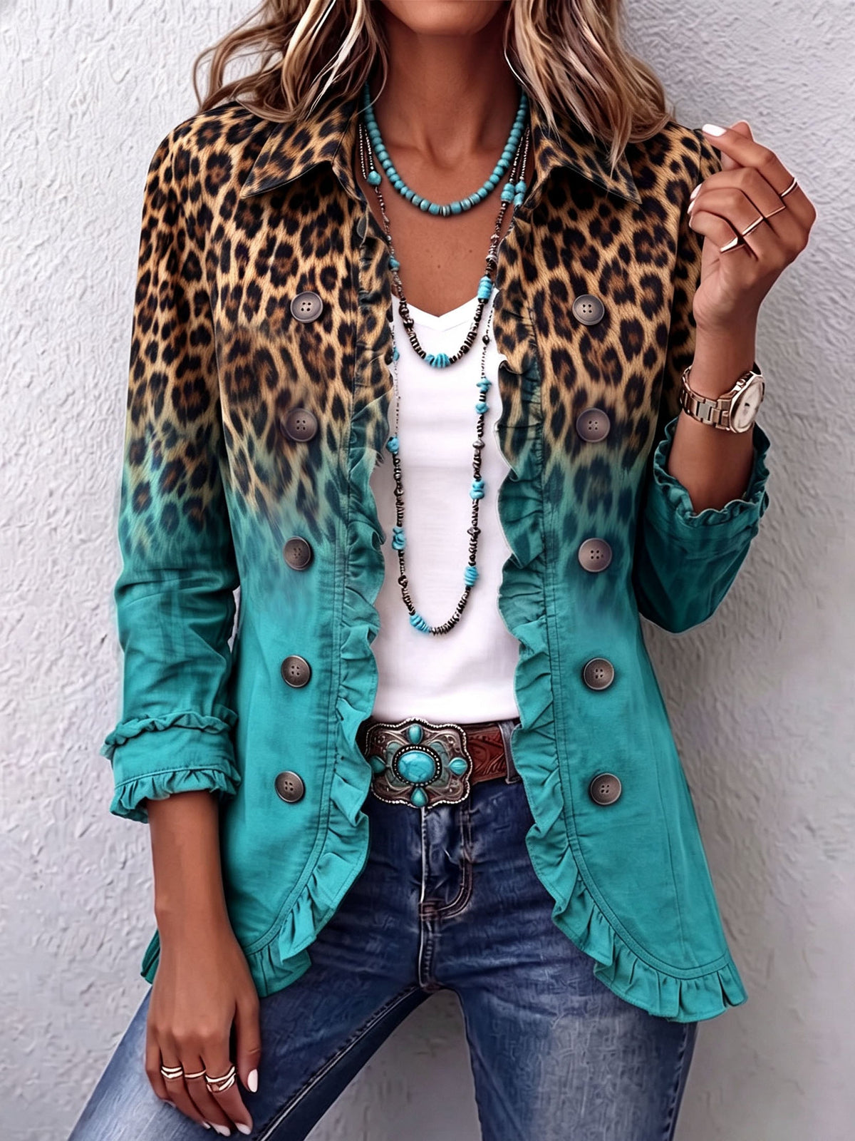Chaqueta Blazer de Leopardo Degradado con Volantes