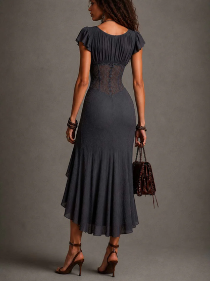 Carmen | Vestido midi de encaje y gasa con escote en V, gris antracita.