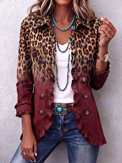 Chaqueta Blazer de Leopardo Degradado con Volantes