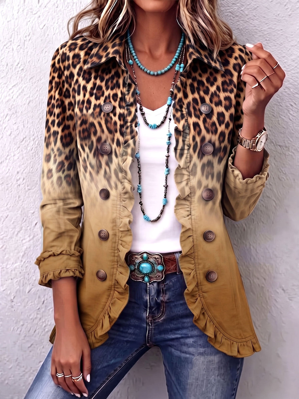 Chaqueta Blazer de Leopardo Degradado con Volantes