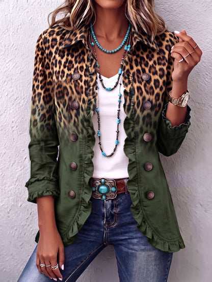 Chaqueta Blazer de Leopardo Degradado con Volantes
