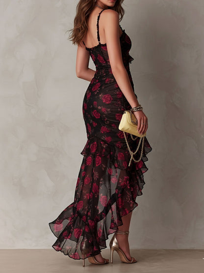 CARMEN | Vestido Chic Negro y Rojo con Flores y Volantes
