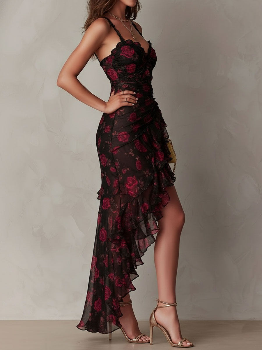 CARMEN | Vestido Chic Negro y Rojo con Flores y Volantes
