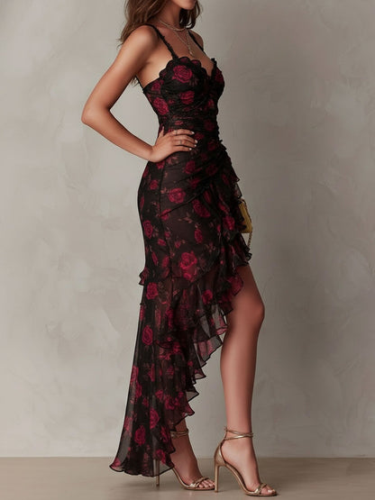 CARMEN | Vestido Chic Negro y Rojo con Flores y Volantes