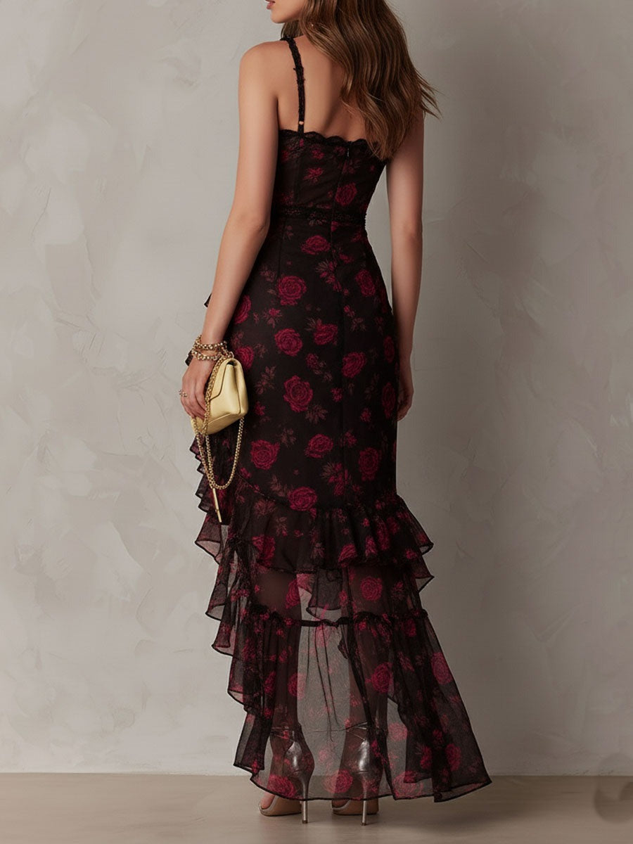 CARMEN | Vestido Chic Negro y Rojo con Flores y Volantes