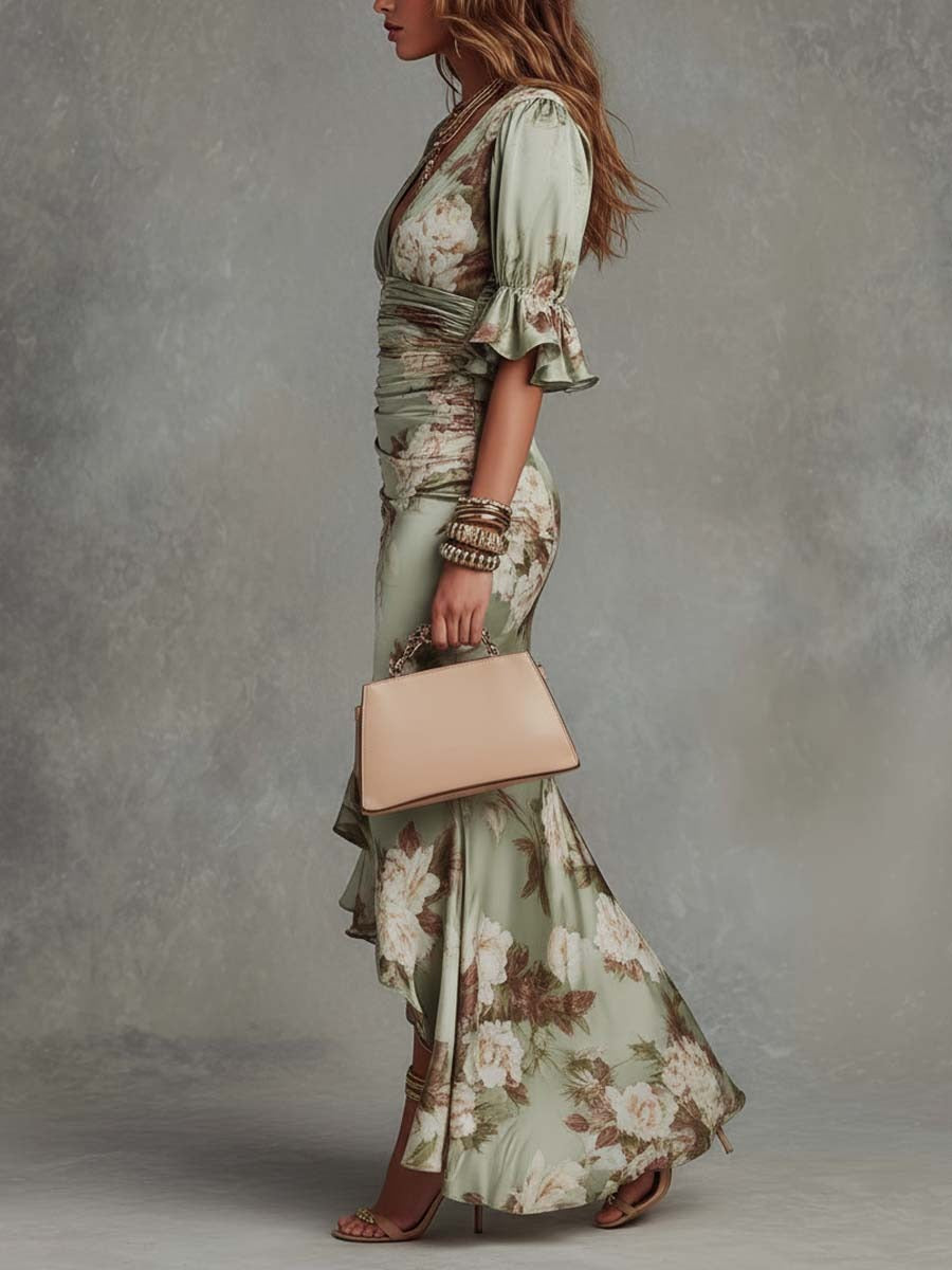 ESMERALDA | Vestido Maxi Asimétrico de Raso Verde Floral
