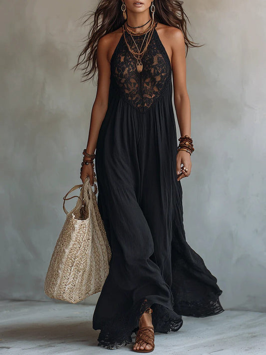 CORVINA | Vestido Maxi Negro Sin Mangas con Encaje Bohemio