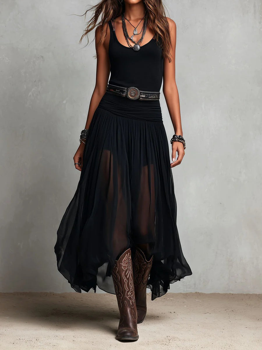 TUL | Conjunto de Top Negro y Falda Maxi de Tul