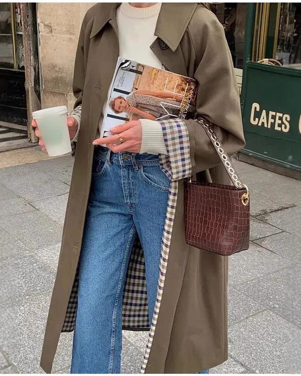 Trench Largo Oversize con Forro de Cuadros