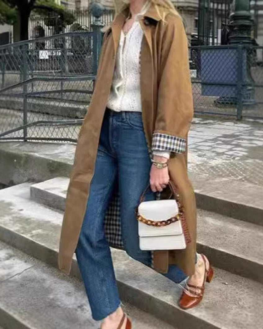 Trench Largo Oversize con Forro de Cuadros